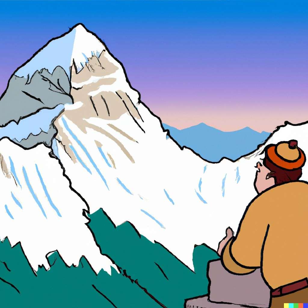 someone gazing at Mount Everest, in the style of a mid-20th century Disney cartoon